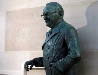The statue beside its stone plinth at Stoke Mandeville Hospital